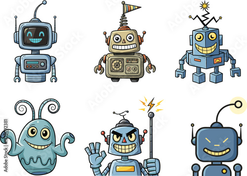 Cartoon robots with unique faces, vintage and futuristic designs, alien characters, and expressive emotions for sci-fi, kids illustrations, or technology-themed content