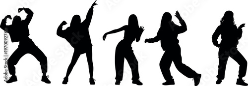 Female dancer silhouettes in dynamic hip hop poses isolated on white background, modern dance performance concept, urban style vector illustration set
