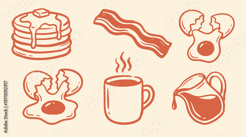 Breakfast Food Doodle Vector Set. Pancake Bacon Egg Coffee Syrup Vector Package. Hand Drawn Morning Meal Icons Isolated on Cream Background.