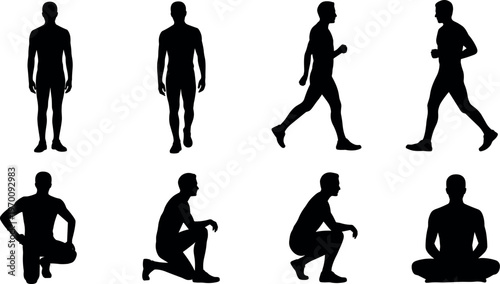 Male human silhouettes set in various poses including walking, standing, kneeling and sitting isolated on white background, minimal black vector collection