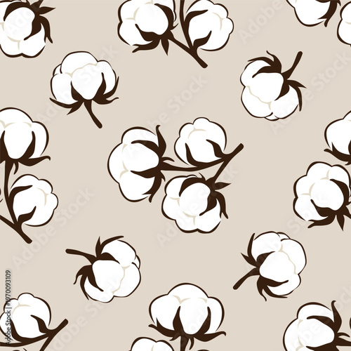 Seamless cotton pattern with cotton flowers on beige background. Natural textile design for organic fabric, eco packaging, wallpaper and fashion prints. Botanical repeating pattern.