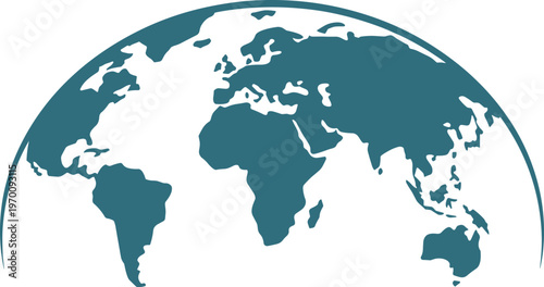 Minimalist world map illustration in hemispherical projection, flat design global continents silhouette, modern earth graphic for business, travel, and education use