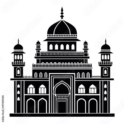 historic shop building silhouette, vintage commercial storefront with brick facade and awning, classic heritage architecture vector icon
