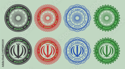 Vector set of fictional seals. Farsi inscription means Islamic Republic of Iran. Collection of round icons with iranian symbols, sun and sign. Colored oriental stickers or emblems