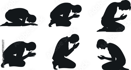 Praying woman silhouettes in kneeling positions isolated on white background, spiritual faith concept, religious devotion illustration, minimal black human figure set