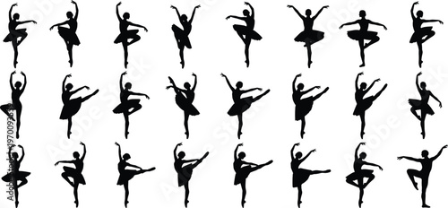Silhouettes of ballet dancers performing various graceful poses on a transparent background.