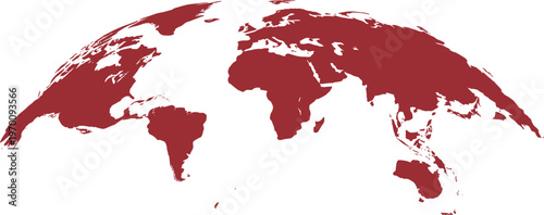 Red world map silhouette in curved projection isolated on white background, flat global continents vector illustration for infographic, travel, and geography design