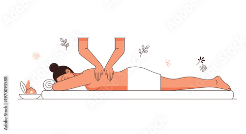 An elegant full-body illustration depicts a woman experiencing a deep tissue massage on a white table surrounded by delicate floating leaves and floral accents.