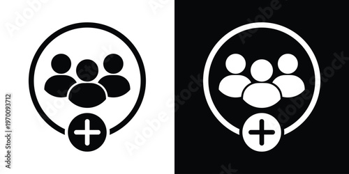 Three people silhouettes inside a circle with a large plus symbol at the bottom. Concept for recruitment, adding members to a group, or growing a community. Black and white vector set.