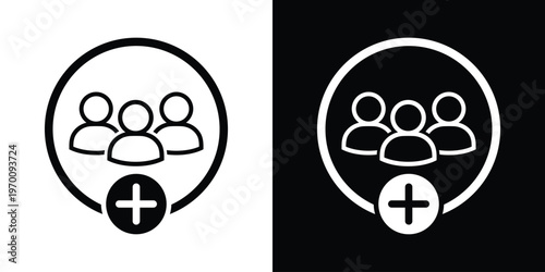 Three people silhouettes inside a circle with a large plus symbol at the bottom. Concept for recruitment, adding members to a group, or growing a community. Black and white vector set.