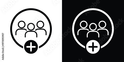 Three people silhouettes inside a circle with a large plus symbol at the bottom. Concept for recruitment, adding members to a group, or growing a community. Black and white vector set.