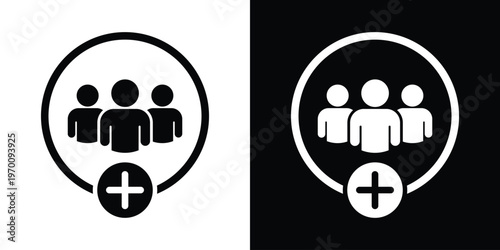 Three people silhouettes inside a circle with a large plus symbol at the bottom. Concept for recruitment, adding members to a group, or growing a community. Black and white vector set.