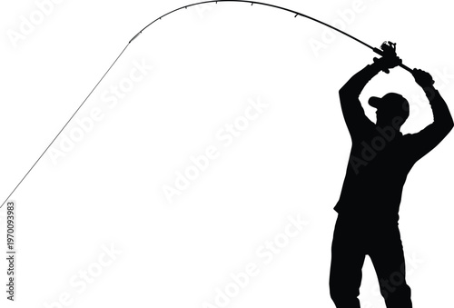 Silhouette of a fisherman casting a fishing rod on a body of water.