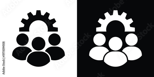 Vector icon of a team of three people under a mechanical gear. Concept for workforce management, industrial cooperation, technical team, and organized labor in black and white styles.