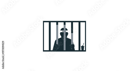 A dark silhouette of a male prisoner stands behind thick black bars with a white identification number band visible across his forehead in a prison cell.