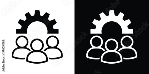 Vector icon of a team of three people under a mechanical gear. Concept for workforce management, industrial cooperation, technical team, and organized labor in black and white styles.