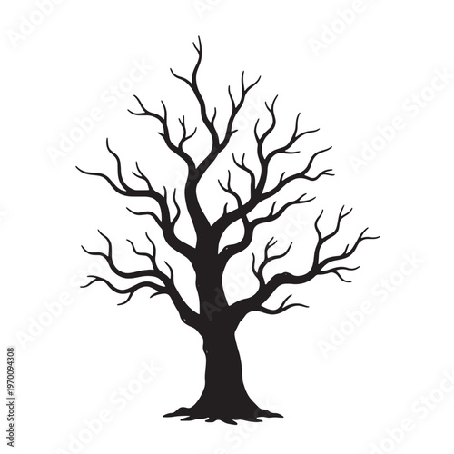 Black ink of a bare winter tree with twisted branches