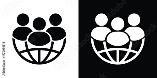 Icon representing a global community or international workforce. Three people silhouettes positioned over a globe grid. Ideal for global business, networking, and worldwide connectivity.