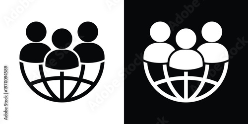 Icon representing a global community or international workforce. Three people silhouettes positioned over a globe grid. Ideal for global business, networking, and worldwide connectivity.