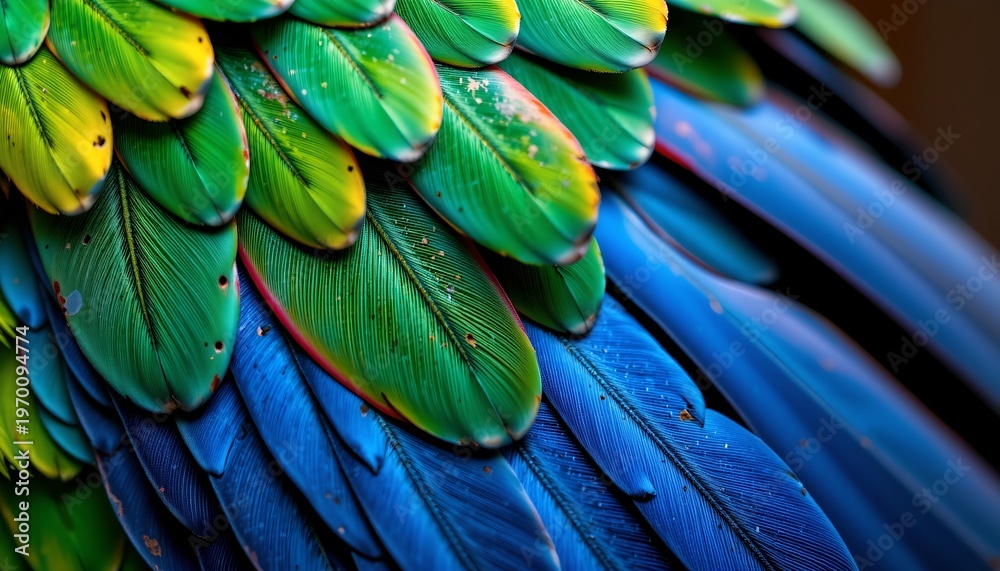 Obraz premium The image showcases a close up view of a vibrant arrangement of bird feathers, arranged in a layered pattern