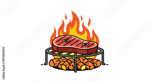A succulent marbled beef steak sizzles on a black circular metal grill grate over roaring orange flames and burning wooden logs against a plain white backdrop.