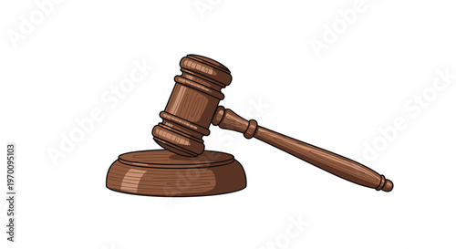 A meticulously detailed wooden gavel with realistic grain textures and dark shading rests upon a matching circular sound block against a pristine white background.