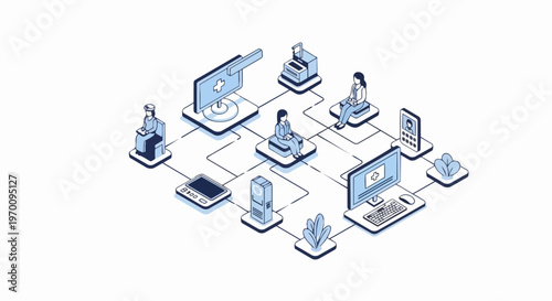 Isometric Telemedicine and Digital Healthcare Network Illustration representing Online Medical Consultation, Patient Connectivity, and Modern Health Technology Systems