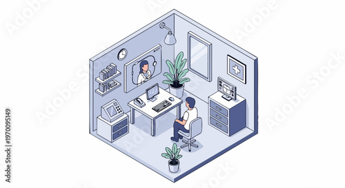 Isometric Telemedicine Concept Illustration: Patient Having a Virtual Medical Consultation with a Doctor via Video Call in a Modern Healthcare Office Environment