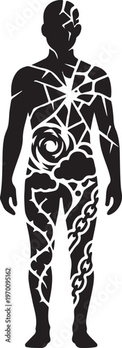 Silhouette of a human body filled with abstract symbols of chaos and confinement