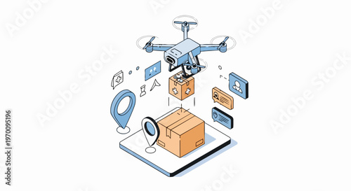 Isometric Autonomous Drone Delivering Medical Package with GPS Tracking UI Icons