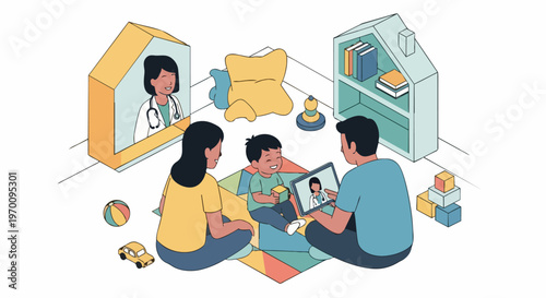 Pediatric Telemedicine Illustration: Family with Child Consulting a Doctor Online via Tablet in Home Playroom