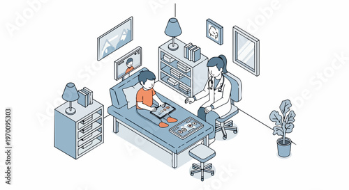 Isometric Pediatric Healthcare Illustration: Doctor and Young Patient Using Digital Tablets for Medical Consultation and Telehealth Therapy