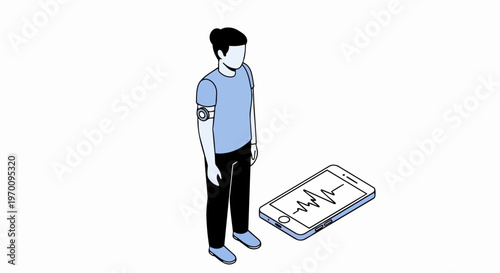 Isometric Vector Illustration of a Person with a Wearable Health Monitor and Smartphone App for Real-time Heart Rate Tracking