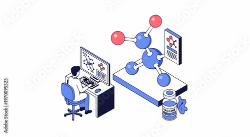 Scientist Working on Vaccine Development and Molecular Research at a Computer in a Laboratory, Isometric Biotechnology Illustration