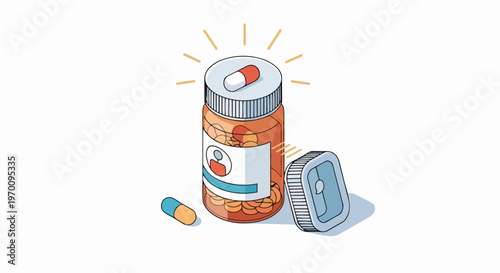 Isometric Medical Prescription Pill Bottle Illustration with Capsules for Pharmacy, Healthcare, and Wellness Apps