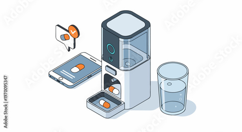 Smart Automated Pill Dispenser with Mobile App Integration and Glass of Water Isometric Illustration for Digital Healthcare and Medication Management