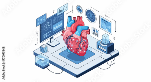 Isometric Human Heart with Digital Monitoring Systems, Medical Laboratory Data, and Healthcare Technology Concept