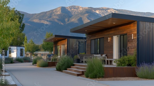 Post wildfire neighborhood reconstruction with fire resistant prefab homes featuring metal roofs and defensible space landscaping, perfect for climate adaptation, resilient communities, and