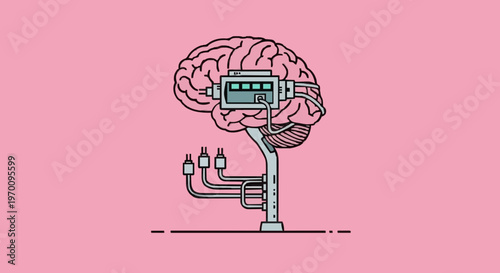Artificial intelligence and advanced technology represented by a stylized human brain connected to a computer system