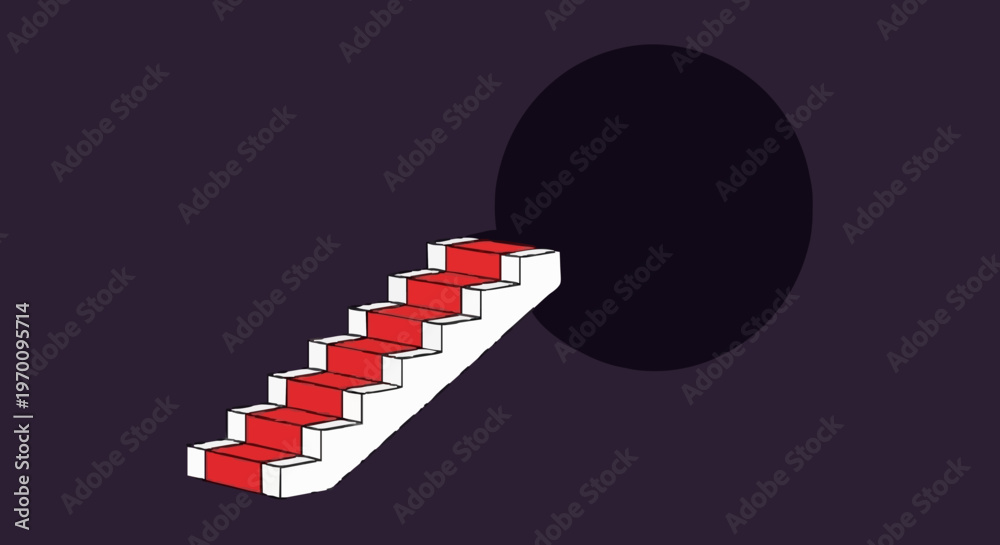 Obraz premium A surreal red-carpeted staircase ascends into a deep, enigmatic black void, symbolizing the journey into the unknown, new opportunities, and mysterious paths