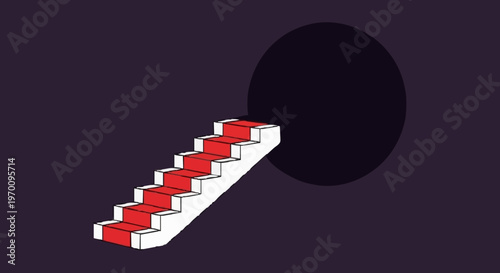 A surreal red-carpeted staircase ascends into a deep, enigmatic black void, symbolizing the journey into the unknown, new opportunities, and mysterious paths
