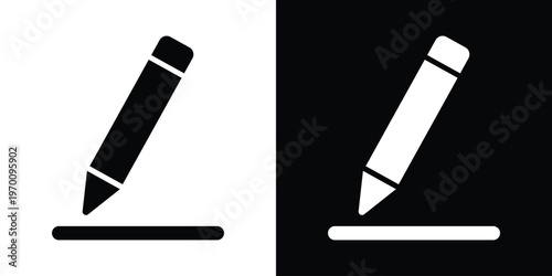 Simple pencil icon underlined by a horizontal bar. Minimalist representation for text input fields, sketching, or basic editing tools. High-contrast black and white vector symbol.