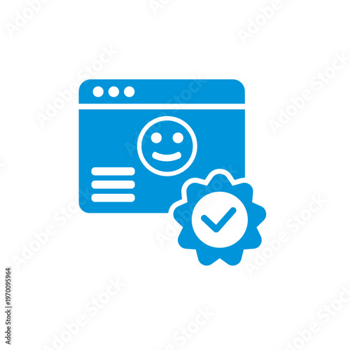 Digital Satisfaction Seal: A modern depiction of digital verification, a computer screen displays a happy face, sealed with a checkmark badge symbolizing authenticity and user satisfaction.