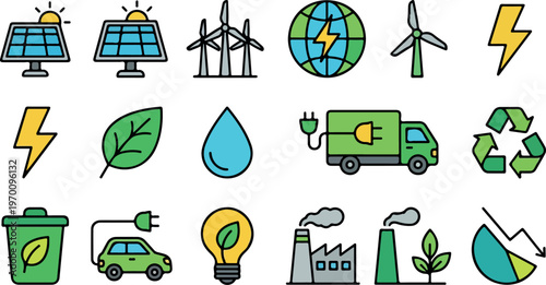 Collection of eco friendly sustainable energy and environmental conservation icons