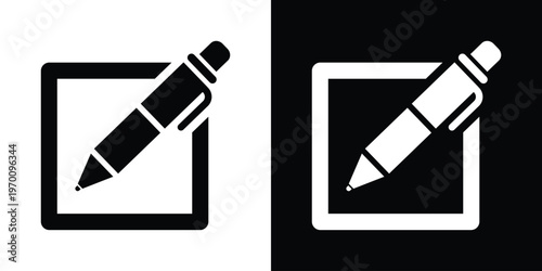 Vector illustration of a pencil inside a square frame. Symbolic of composing a message, filling out a form, or user registration. Perfect for contact pages and document editing apps.