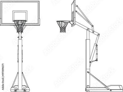 basketball hoop and backboard vector, portable basketball stand illustration, sports court equipment design, professional basketball goal system