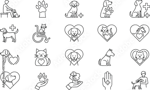 Pet Care and Veterinary Line Icon Set Featuring Dog Cat Paw Heart Medical Grooming and Animal Health Symbols for Clinic Design
