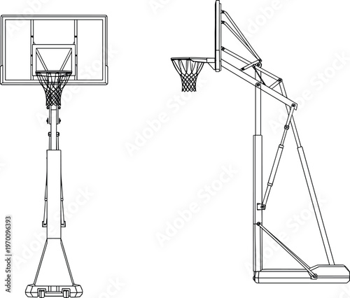 Basketball hoop stand vector illustration, portable basketball goal front and side view outline drawing, sports equipment design isolated on white