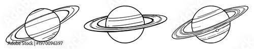 Saturn set with clean black line art design featuring planets, astronomy, space with celestial and galaxy