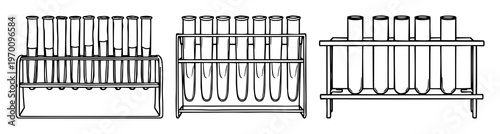 Test tube rack set with vintage scientific illustration featuring laboratory equipment, glassware, chemistry apparatus with biology and education elements